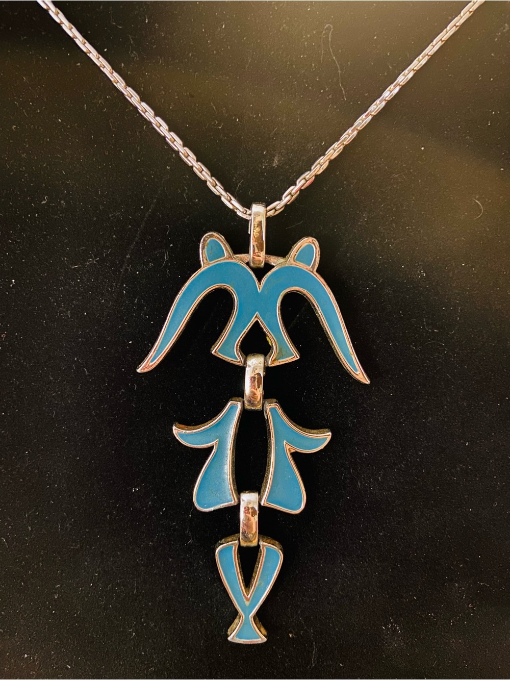 1960 Vintage Taxco Mexico Tribal Aztec Necklace Turquoise Color Stainless 16-20”